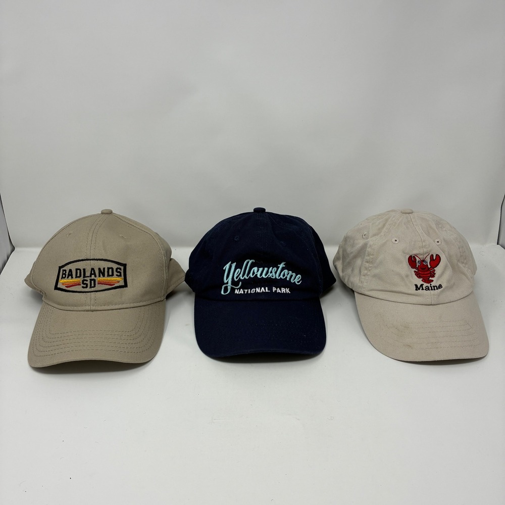 Lot of 3 National Park & Souvenir Hats Yellowstone Badlands Maine Lobster Caps